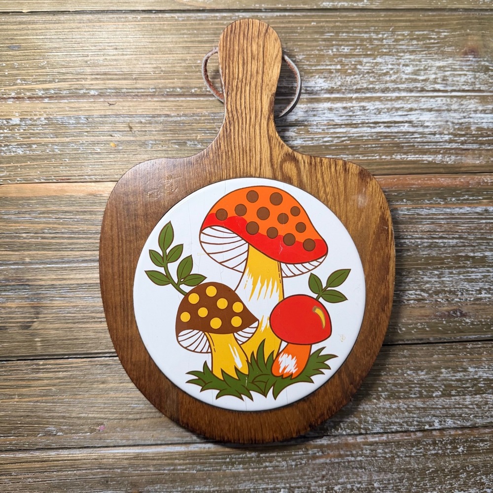 Vintage Merry Mushroom Wood Ceramic Trivet Brown Orange Boho Cottagecore Japan